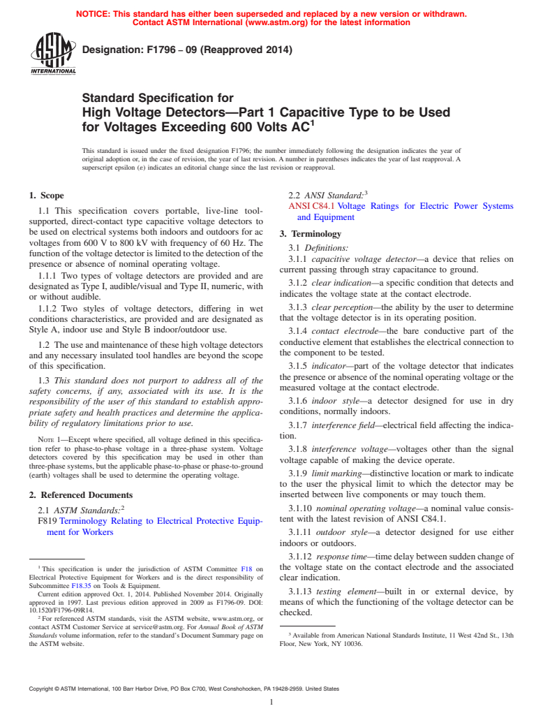 ASTM F1796-09(2014) - Standard Specification for  High Voltage Detectors&mdash;Part 1 Capacitive Type to be Used  for Voltages Exceeding 600 Volts AC