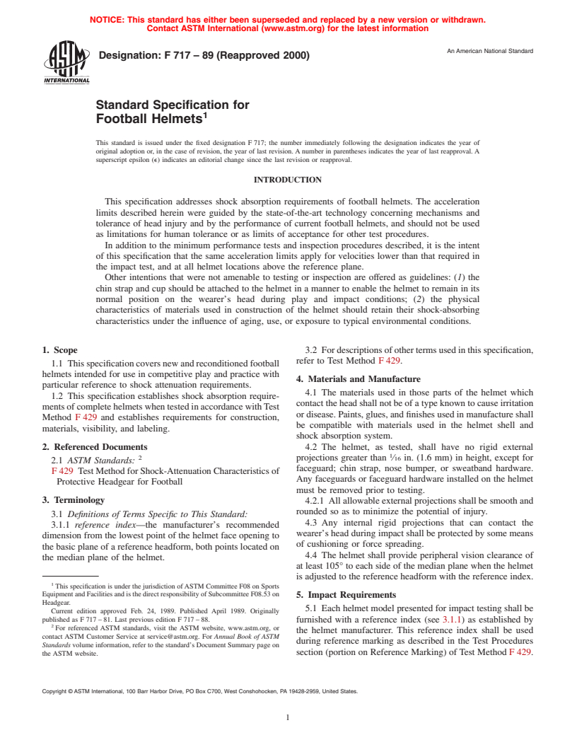 ASTM F717-89(2000) - Standard Specification for Football Helmets