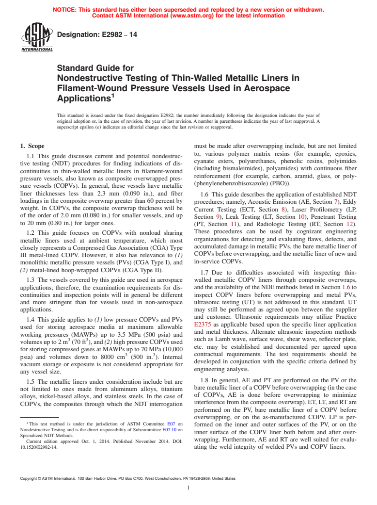 ASTM E2982-14 - Standard Guide for Nondestructive Testing of Thin-Walled Metallic Liners in Filament-Wound  Pressure Vessels Used in Aerospace Applications