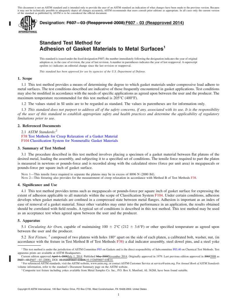 REDLINE ASTM F607-03(2014) - Standard Test Method for  Adhesion of Gasket Materials to Metal Surfaces