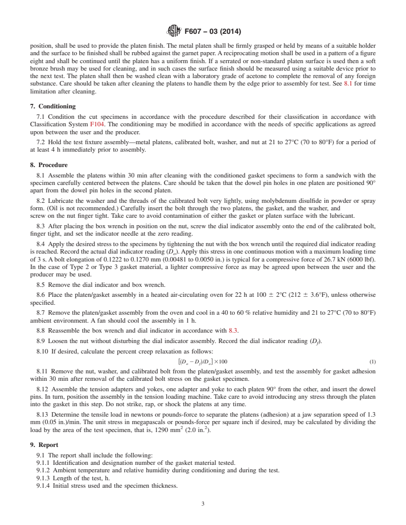 REDLINE ASTM F607-03(2014) - Standard Test Method for  Adhesion of Gasket Materials to Metal Surfaces