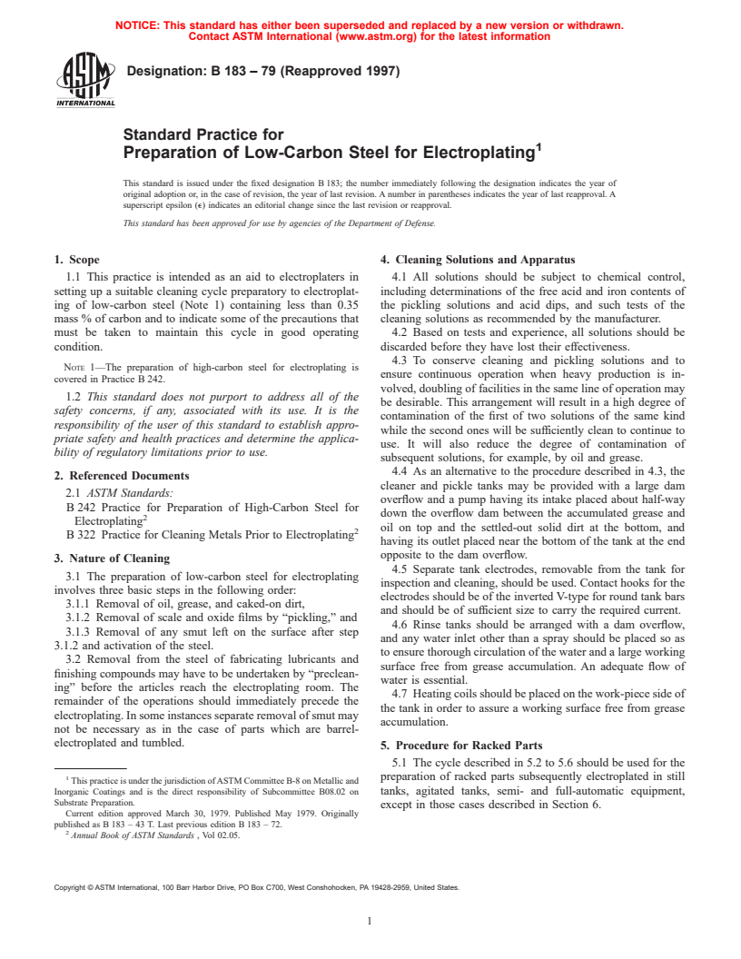 ASTM B183-79(1997) - Standard Practice for Preparation of Low-Carbon Steel for Electroplating