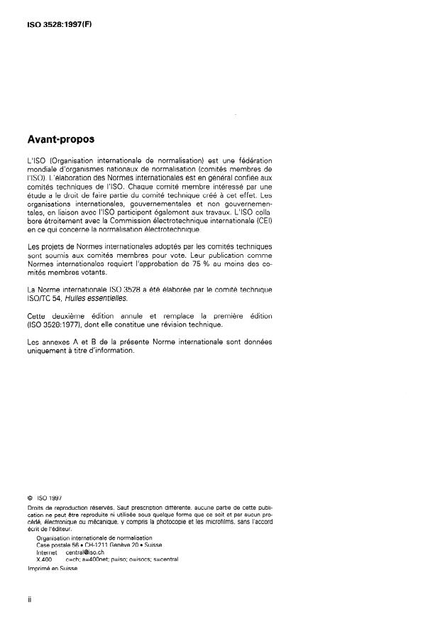 ISO 3528:1997 ISO 3528:1997 - Huile essentielle de mandarine, type Italie (Citrus reticulata Blanco) - Page 2 preview