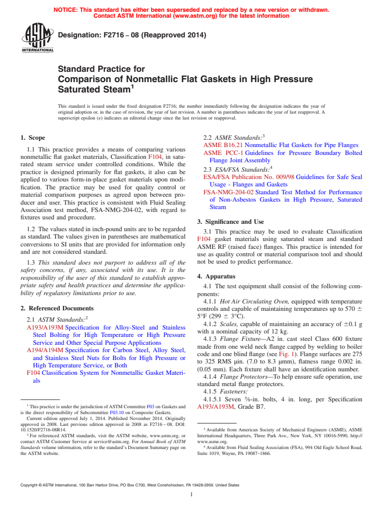 ASTM F2716-08(2014) - Standard Practice for Comparison of Nonmetallic Flat Gaskets in High Pressure Saturated  Steam