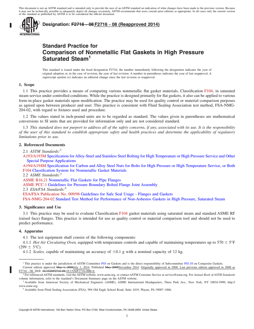 REDLINE ASTM F2716-08(2014) - Standard Practice for Comparison of Nonmetallic Flat Gaskets in High Pressure Saturated  Steam