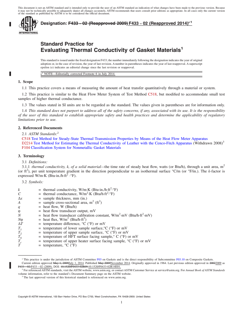 REDLINE ASTM F433-02(2014)e1 - Standard Practice for Evaluating Thermal Conductivity of Gasket Materials