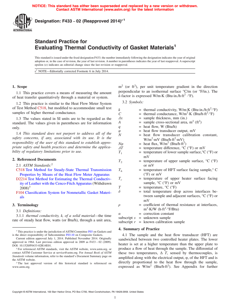 ASTM F433-02(2014)e1 - Standard Practice for Evaluating Thermal Conductivity of Gasket Materials