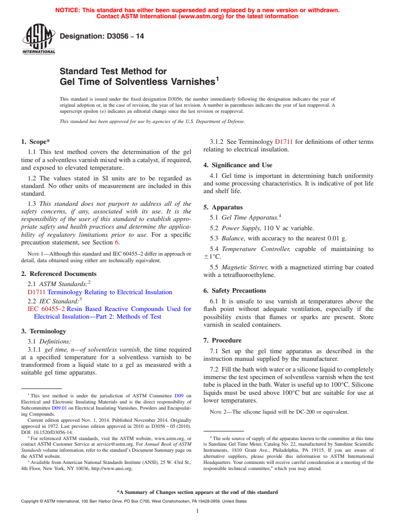 ASTM D3056-14 - Standard Test Method for  Gel Time of Solventless Varnishes