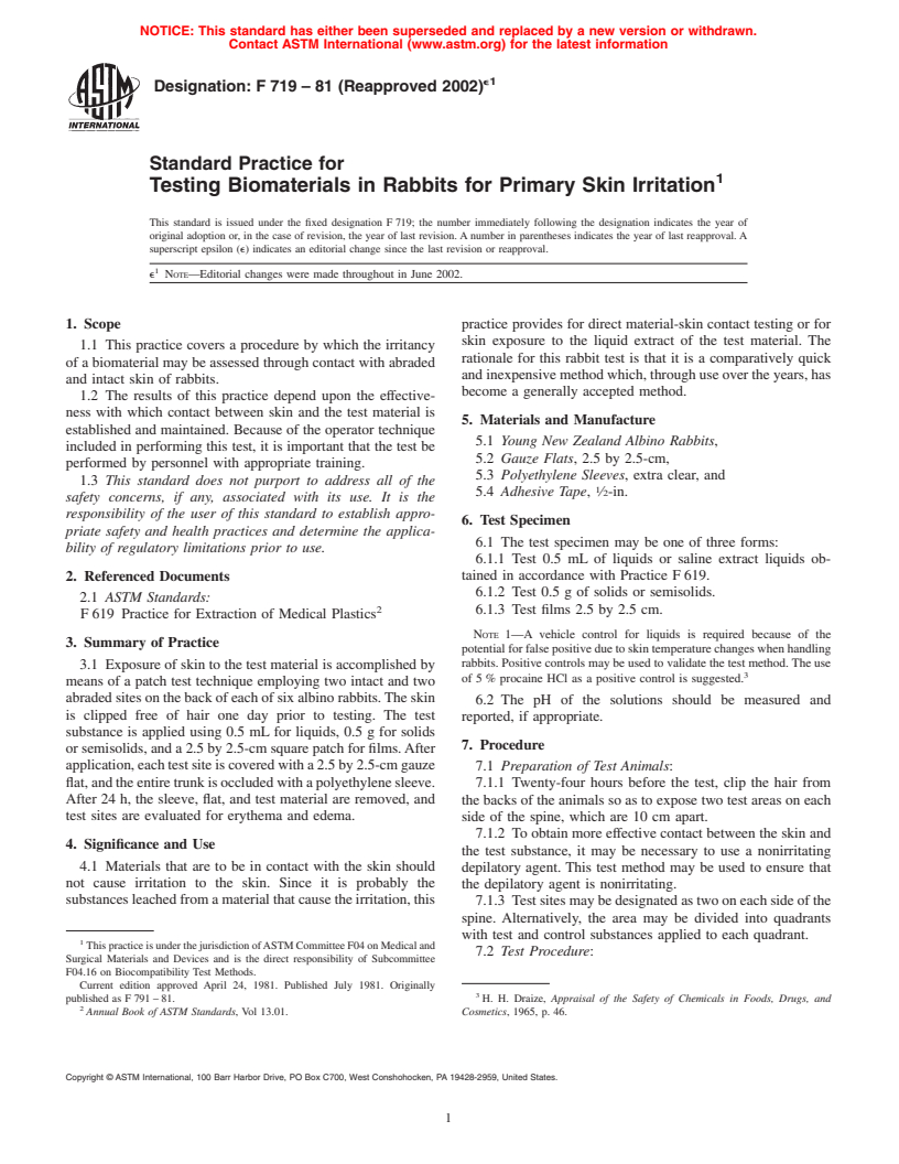 ASTM F719-81(2002)e1 - Standard Practice for Testing Biomaterials in Rabbits for Primary Skin Irritation