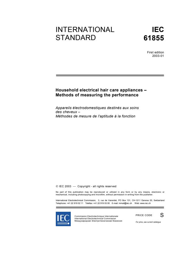 IEC 61855:2003 - Household electrical hair care appliances - Methods of measuring the performance