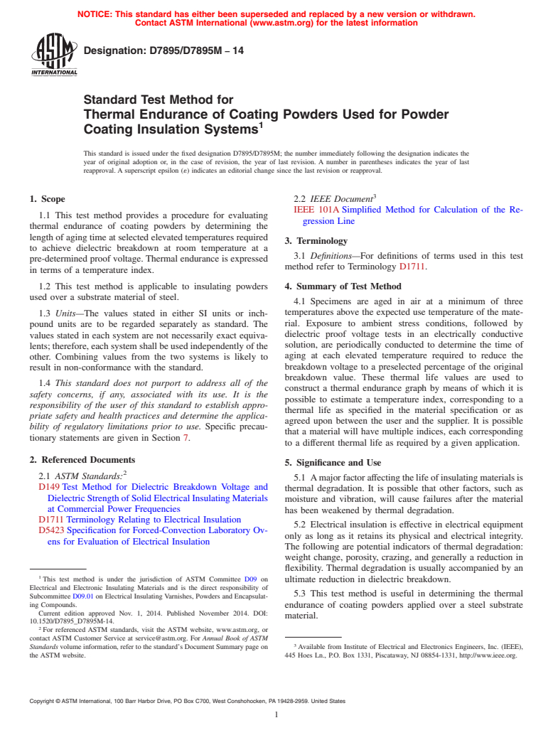 ASTM D7895/D7895M-14 - Standard Test Method for Thermal Endurance of Coating Powders Used for Powder Coating  Insulation Systems