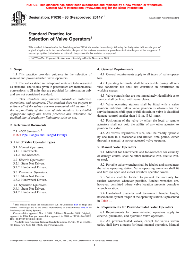 ASTM F1030-86(2014)e1 - Standard Practice for  Selection of Valve Operators