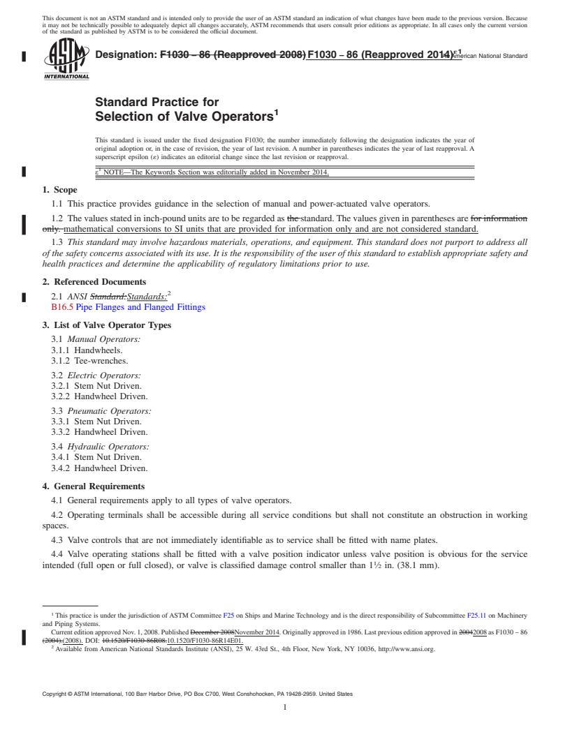 REDLINE ASTM F1030-86(2014)e1 - Standard Practice for  Selection of Valve Operators