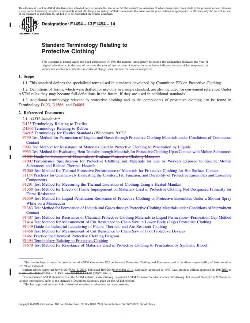 REDLINE ASTM F1494-14 - Standard Terminology Relating to  Protective Clothing