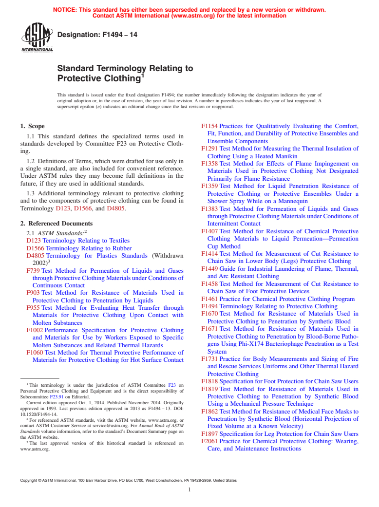 ASTM F1494-14 - Standard Terminology Relating to  Protective Clothing