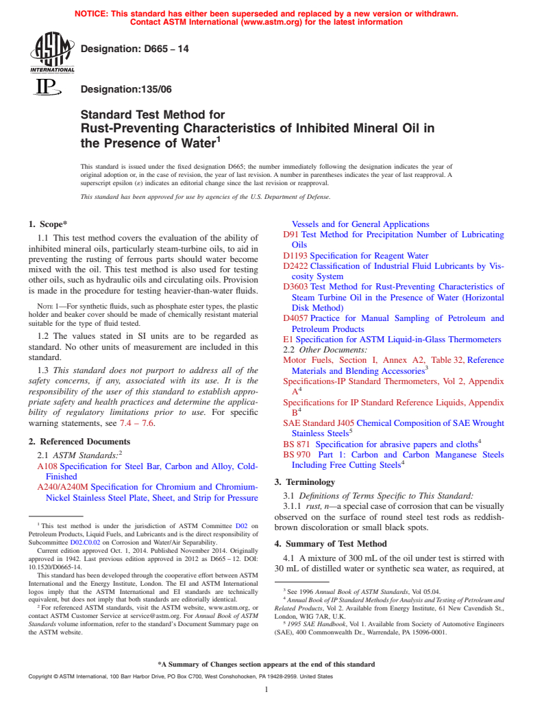 ASTM D665-14 - Standard Test Method for Rust-Preventing Characteristics of Inhibited Mineral Oil in  the Presence of Water