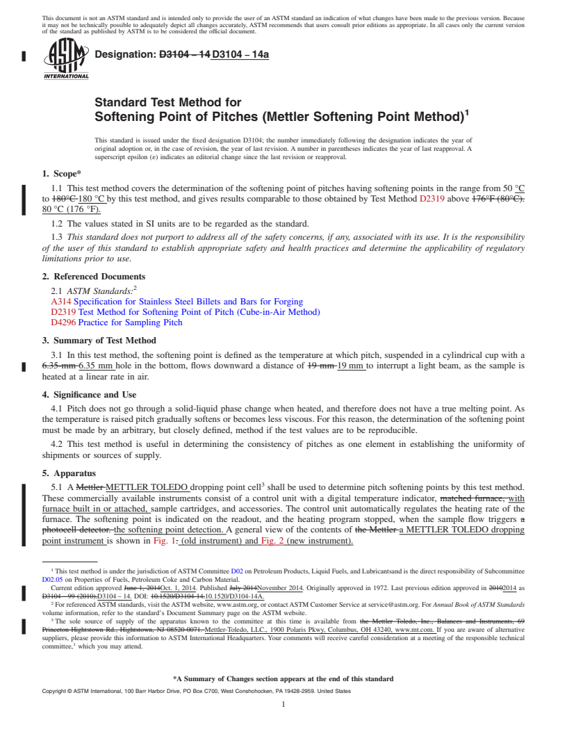 REDLINE ASTM D3104-14a - Standard Test Method for  Softening Point of Pitches (Mettler Softening Point Method)
