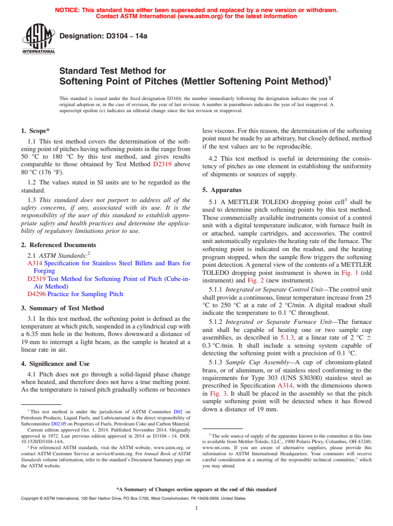 ASTM D3104-14a - Standard Test Method for  Softening Point of Pitches (Mettler Softening Point Method)