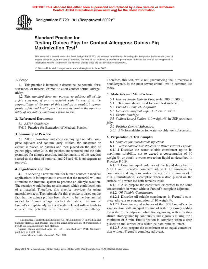 ASTM F720-81(2002)e1 - Standard Practice for Testing Guinea Pigs for Contact Allergens  Guinea Pig Maximization Test