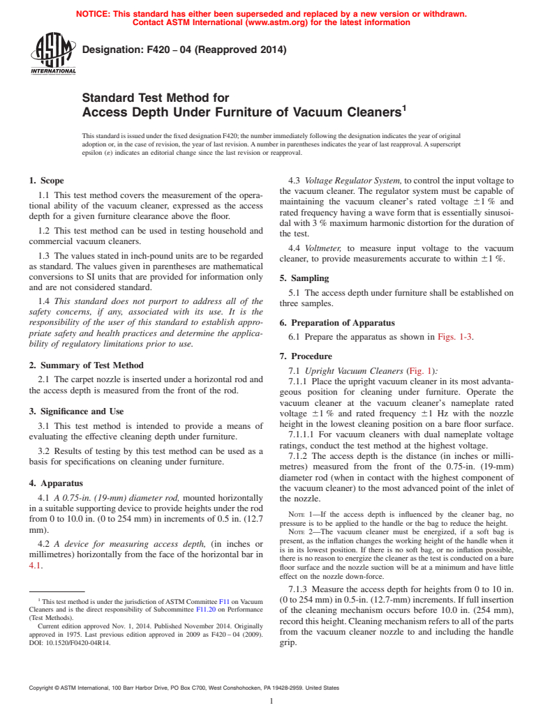 ASTM F420-04(2014) - Standard Test Method for  Access Depth Under Furniture of Vacuum Cleaners