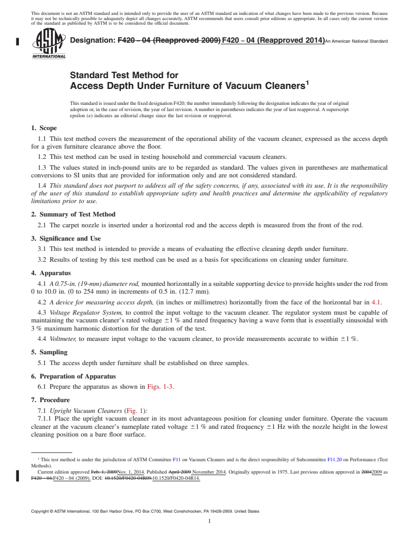 REDLINE ASTM F420-04(2014) - Standard Test Method for  Access Depth Under Furniture of Vacuum Cleaners