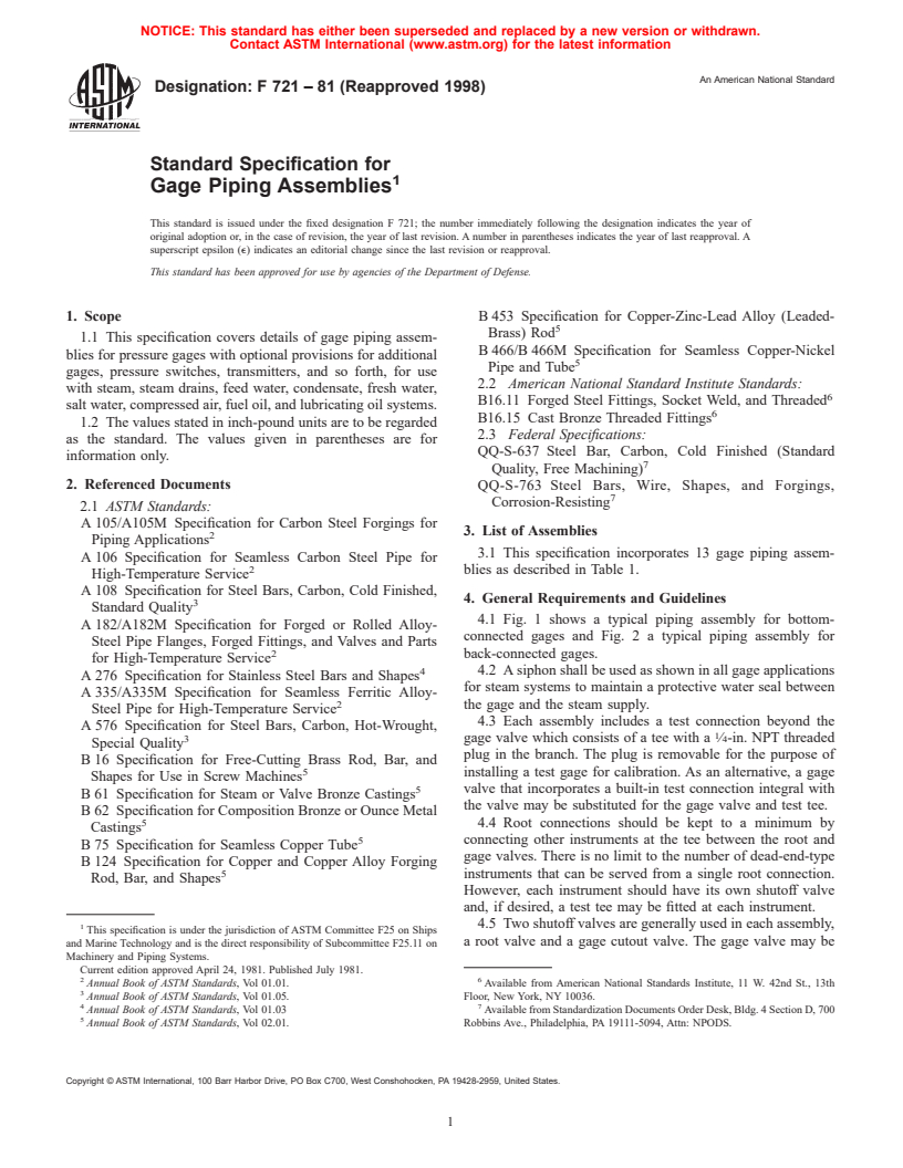 ASTM F721-81(1998) - Standard Specification for Gage Piping Assemblies