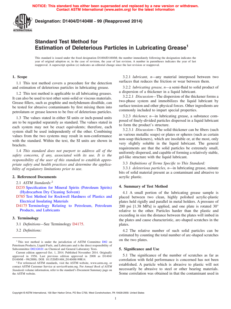 ASTM D1404/D1404M-99(2014) - Standard Test Method for  Estimation of Deleterious Particles in Lubricating Grease