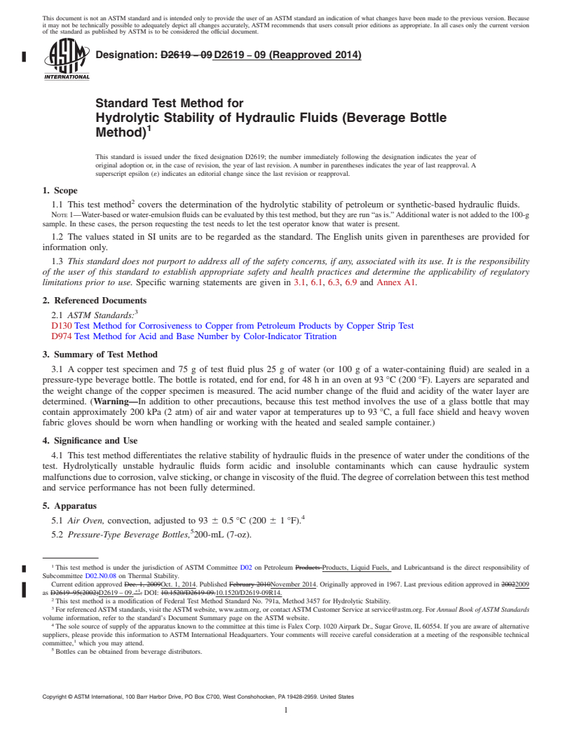 REDLINE ASTM D2619-09(2014) - Standard Test Method for  Hydrolytic Stability of Hydraulic Fluids (Beverage Bottle Method)