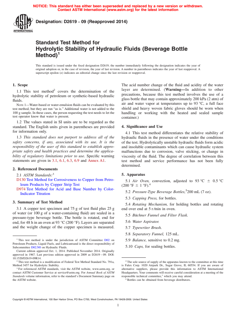 ASTM D2619-09(2014) - Standard Test Method for  Hydrolytic Stability of Hydraulic Fluids (Beverage Bottle Method)