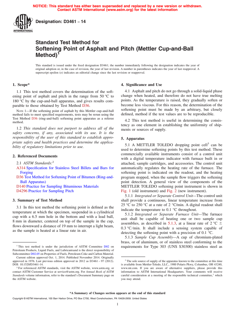 ASTM D3461-14 - Standard Test Method for Softening Point of Asphalt and Pitch (Mettler Cup-and-Ball   Method)