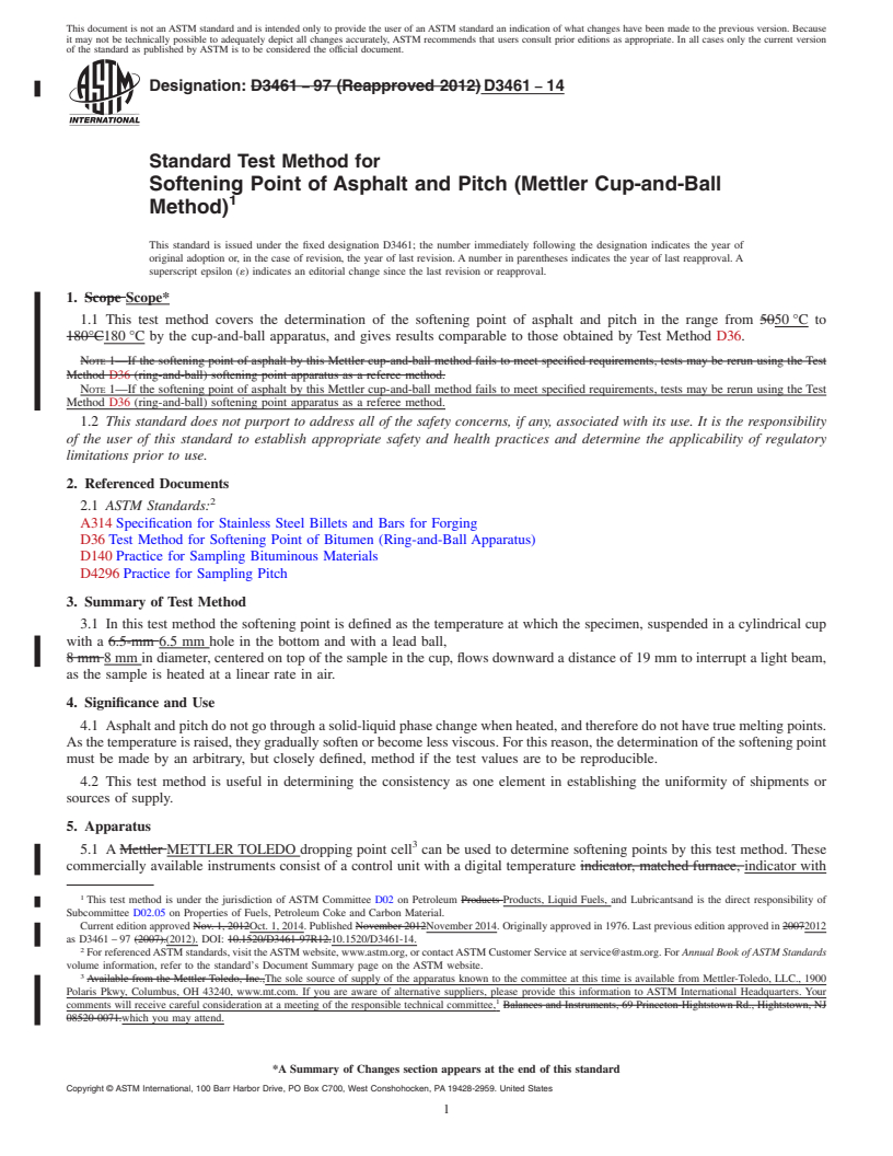 REDLINE ASTM D3461-14 - Standard Test Method for Softening Point of Asphalt and Pitch (Mettler Cup-and-Ball   Method)