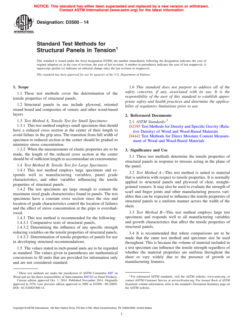 ASTM D3500-14 - Standard Test Methods for  Structural Panels in Tension