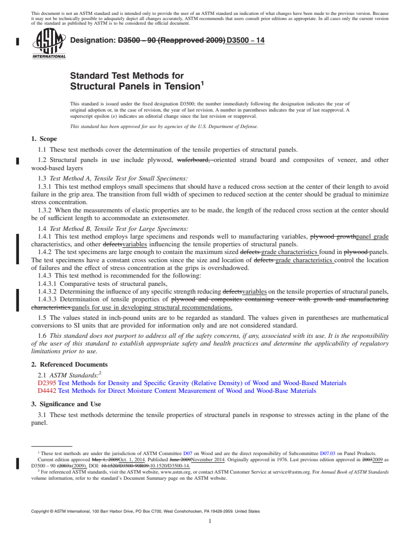 REDLINE ASTM D3500-14 - Standard Test Methods for  Structural Panels in Tension