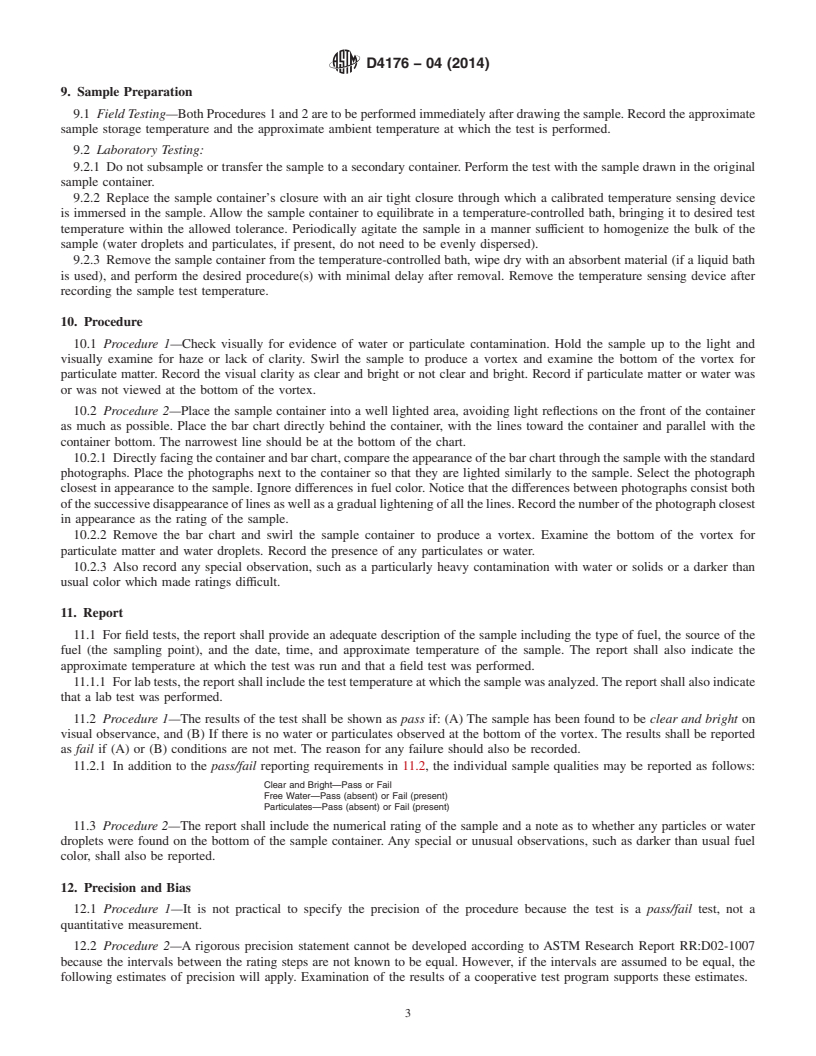 REDLINE ASTM D4176-04(2014) - Standard Test Method for  Free Water and Particulate Contamination in Distillate Fuels   (Visual Inspection Procedures)