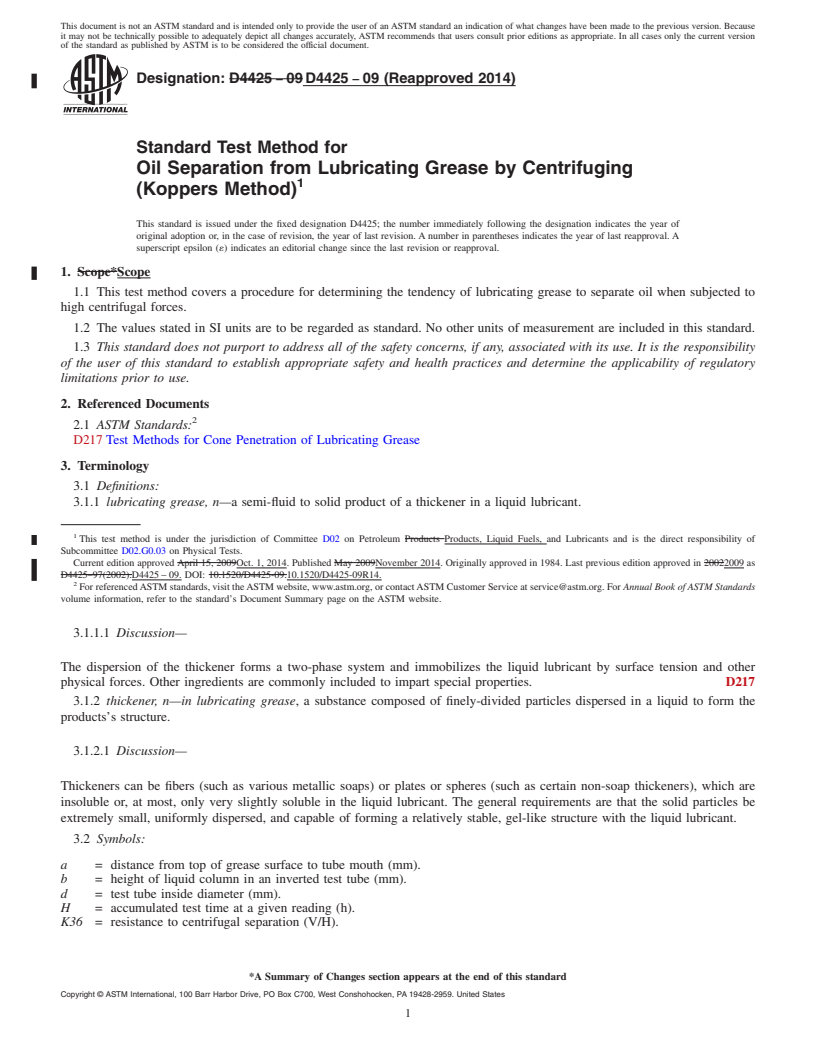 REDLINE ASTM D4425-09(2014) - Standard Test Method for  Oil Separation from Lubricating Grease by Centrifuging (Koppers   Method)