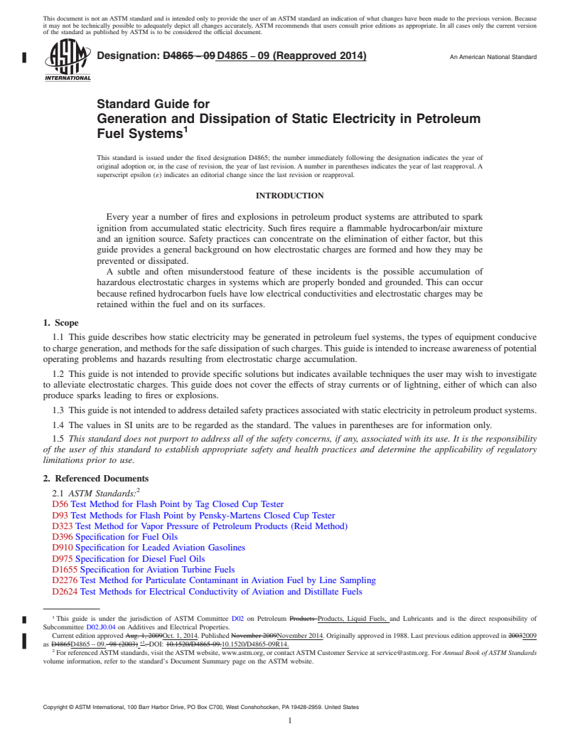 REDLINE ASTM D4865-09(2014) - Standard Guide for  Generation and Dissipation of Static Electricity in Petroleum  Fuel Systems