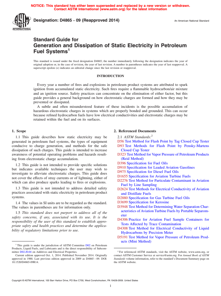 ASTM D4865-09(2014) - Standard Guide for  Generation and Dissipation of Static Electricity in Petroleum  Fuel Systems