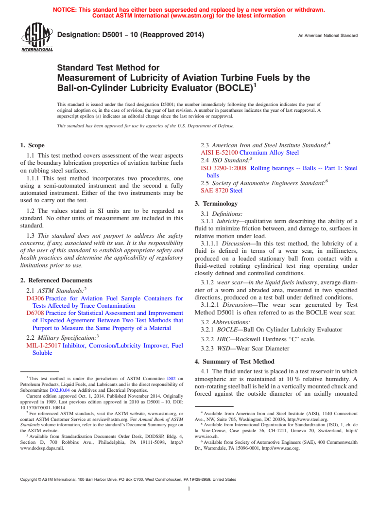 ASTM D5001-10(2014) - Standard Test Method for  Measurement of Lubricity of Aviation Turbine Fuels by the Ball-on-Cylinder   Lubricity Evaluator (BOCLE)