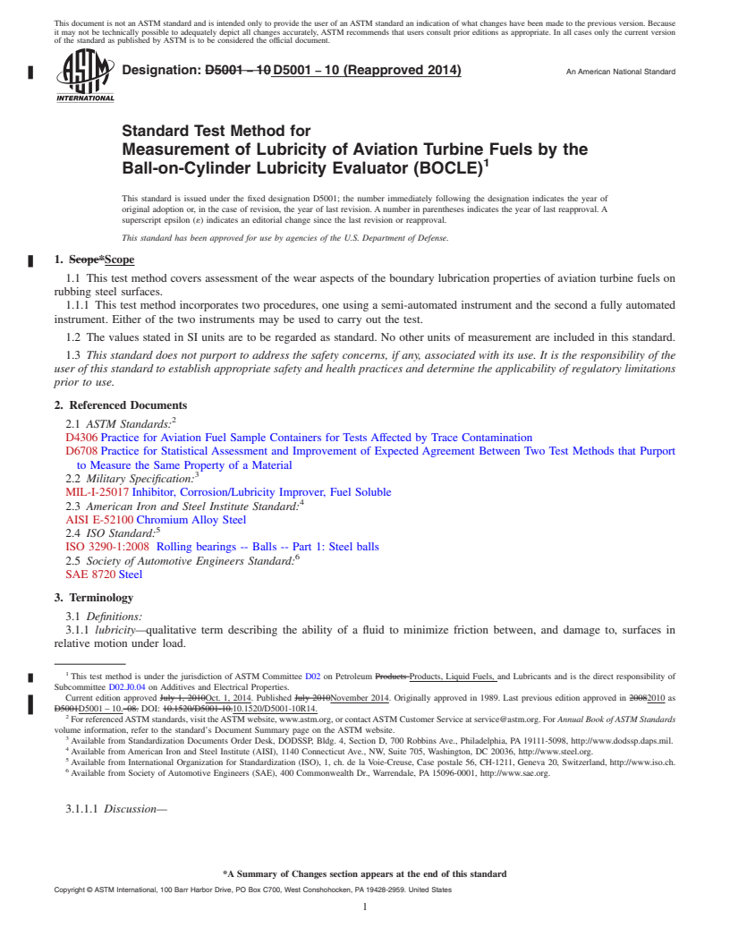 REDLINE ASTM D5001-10(2014) - Standard Test Method for  Measurement of Lubricity of Aviation Turbine Fuels by the Ball-on-Cylinder   Lubricity Evaluator (BOCLE)