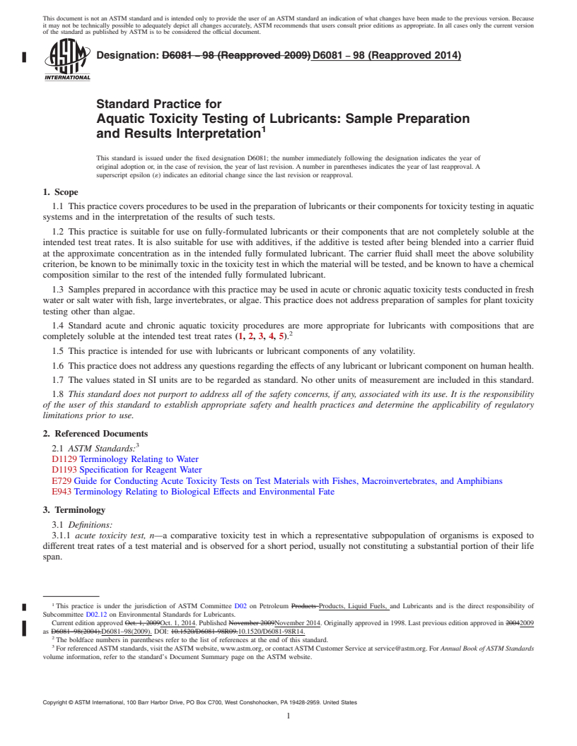 REDLINE ASTM D6081-98(2014) - Standard Practice for  Aquatic Toxicity Testing of Lubricants: Sample Preparation   and Results Interpretation