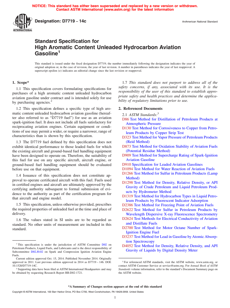 ASTM D7719-14c - Standard Specification for  High Aromatic Content Unleaded Hydrocarbon Aviation Gasoline