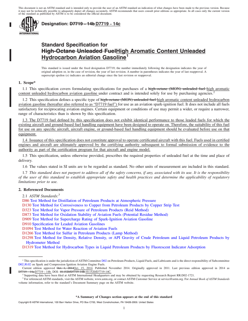 REDLINE ASTM D7719-14c - Standard Specification for  High Aromatic Content Unleaded Hydrocarbon Aviation Gasoline