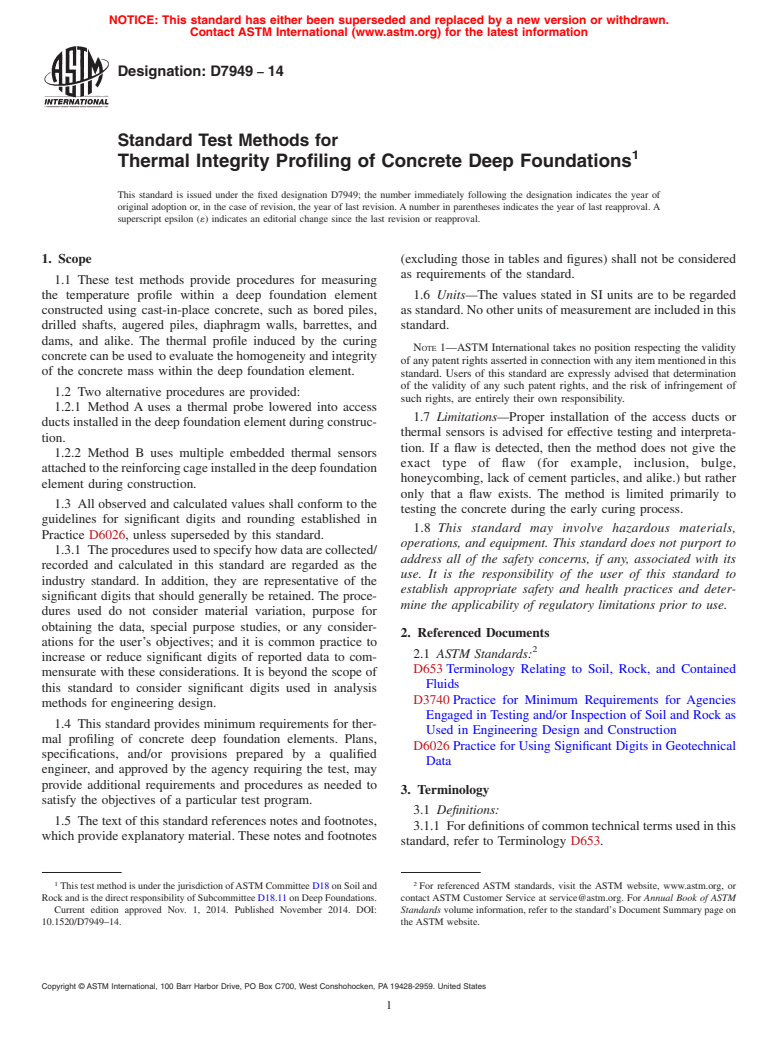 ASTM D7949-14 - Standard Test Methods for Thermal Integrity Profiling of Concrete Deep Foundations (Withdrawn 2023)