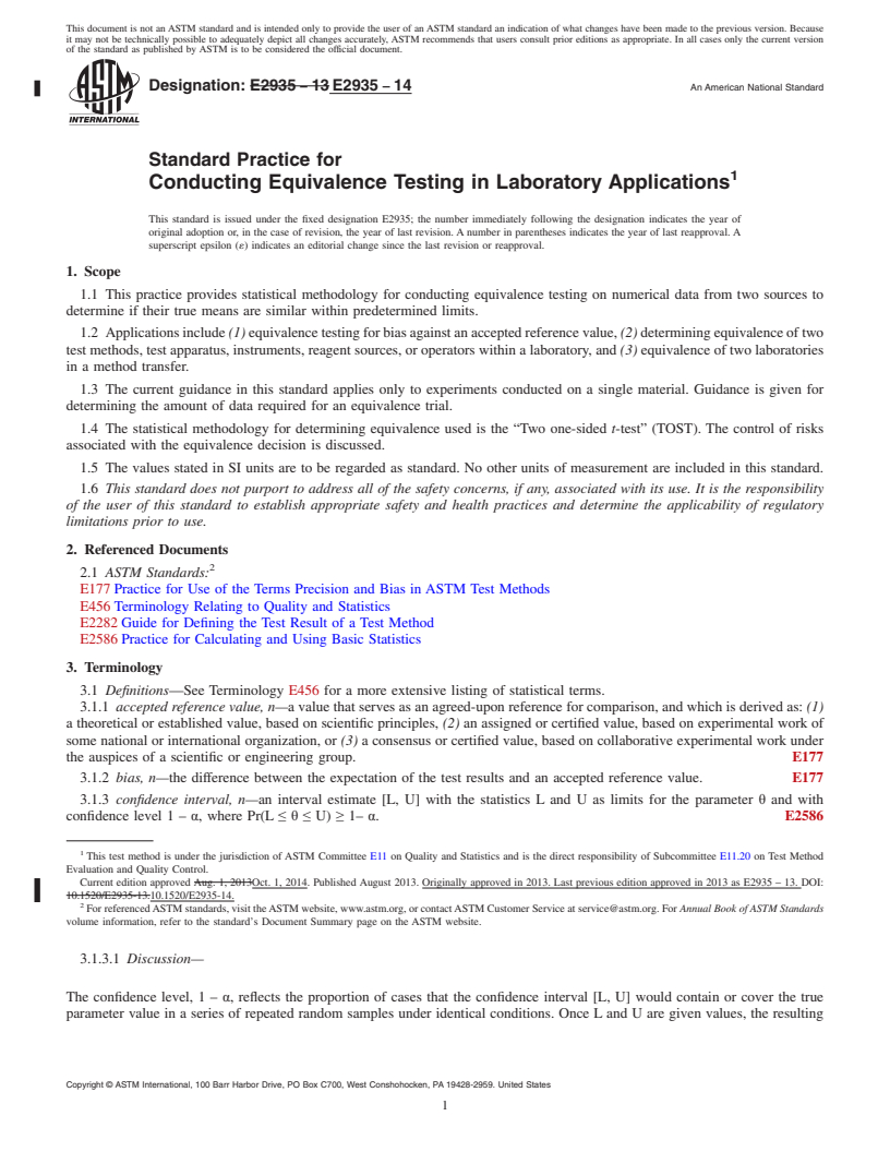 REDLINE ASTM E2935-14 - Standard Practice for Conducting Equivalence Testing in Laboratory Applications
