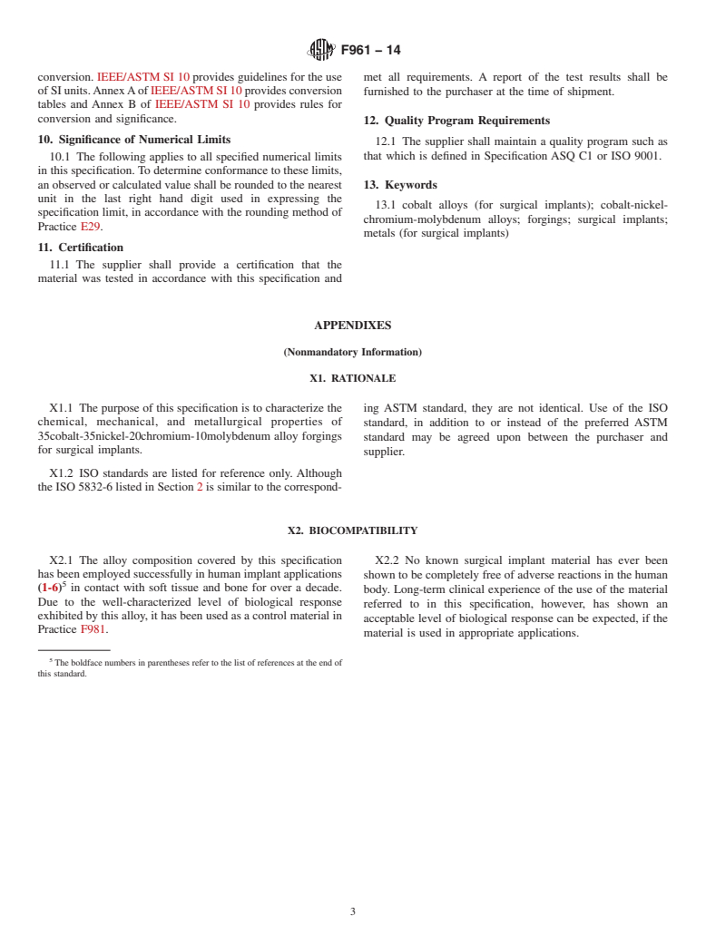 ASTM F961-14 - Standard Specification for  35Cobalt-35Nickel-20Chromium-10Molybdenum Alloy Forgings for  Surgical Implants (UNS R30035)