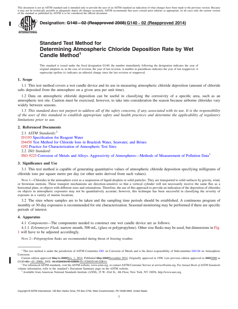 REDLINE ASTM G140-02(2014) - Standard Test Method for  Determining Atmospheric Chloride Deposition Rate by Wet Candle  Method