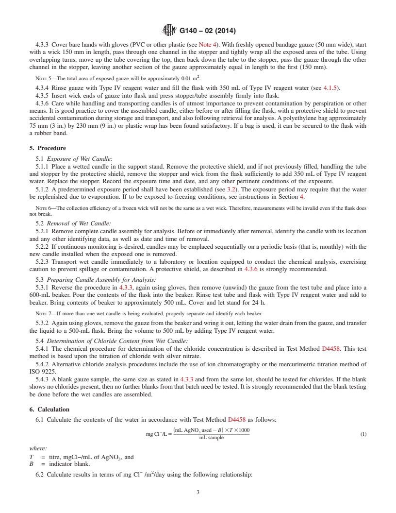 REDLINE ASTM G140-02(2014) - Standard Test Method for  Determining Atmospheric Chloride Deposition Rate by Wet Candle  Method