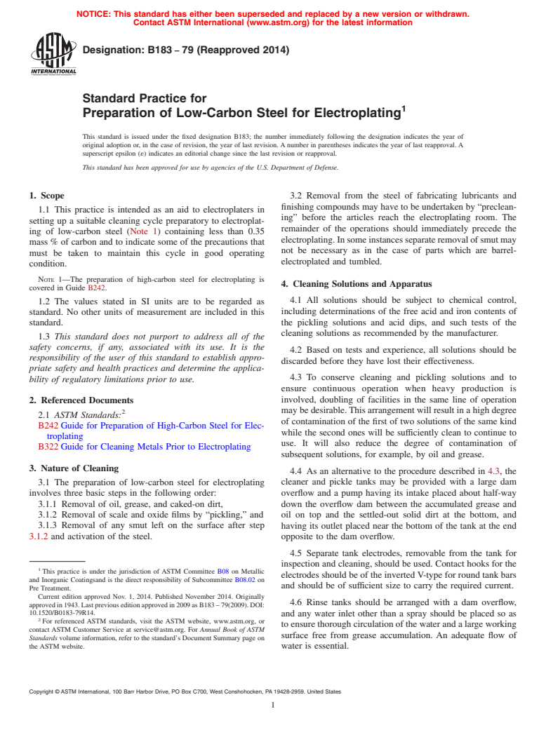 ASTM B183-79(2014) - Standard Practice for  Preparation of Low-Carbon Steel for Electroplating