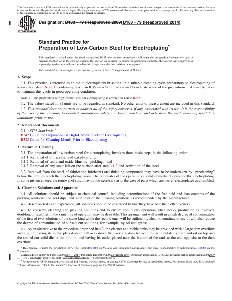 REDLINE ASTM B183-79(2014) - Standard Practice for  Preparation of Low-Carbon Steel for Electroplating