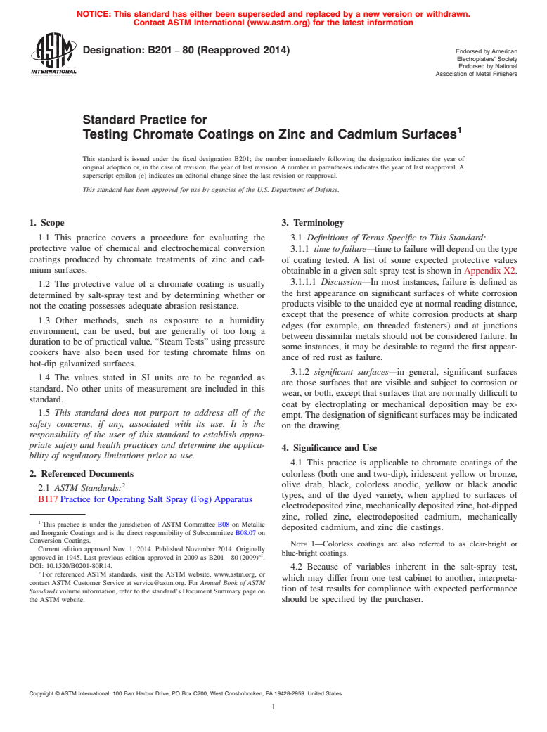 ASTM B201-80(2014) - Standard Practice for  Testing Chromate Coatings on Zinc and Cadmium Surfaces